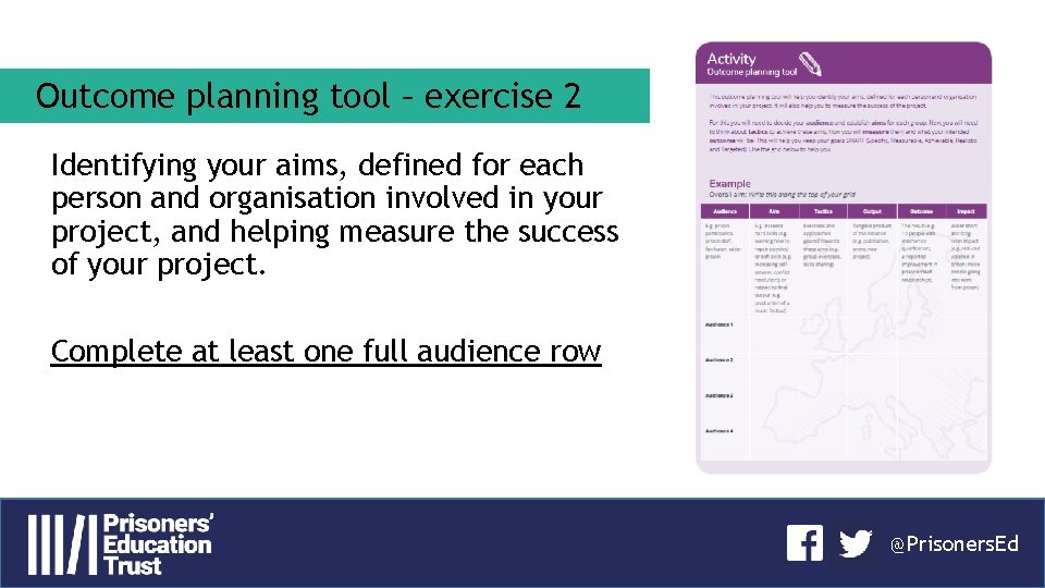 Outcome planning tool – exercise 2 Identifying your aims, defined for each person and