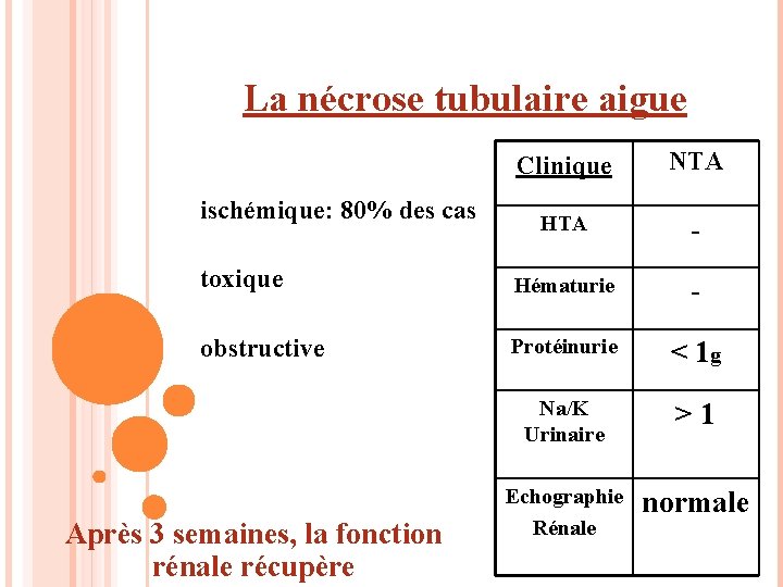 La nécrose tubulaire aigue Clinique NTA HTA - toxique Hématurie - obstructive Protéinurie <