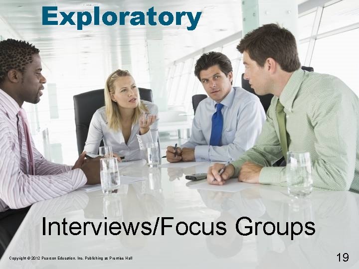 Exploratory Interviews/Focus Groups Copyright © 2012 Pearson Education, Inc. Publishing as Prentice Hall 19