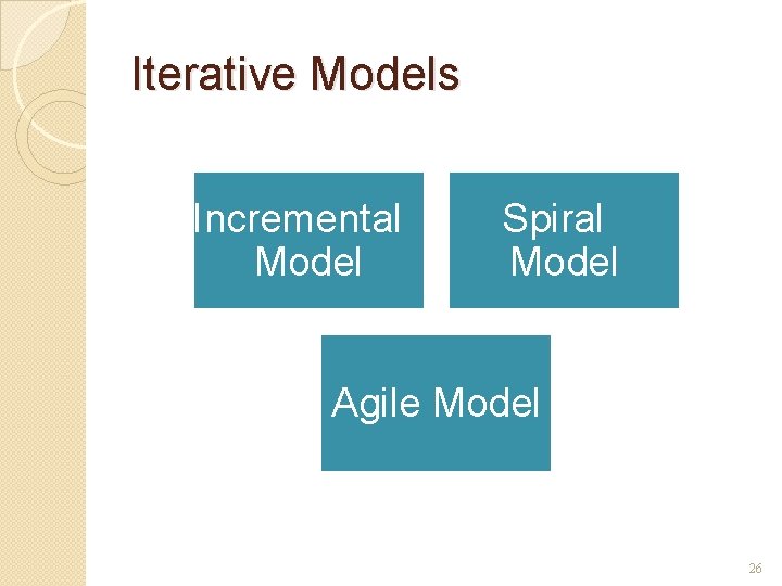 Iterative Models Incremental Model Spiral Model Agile Model 26 