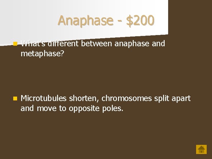 Anaphase - $200 n What’s different between anaphase and metaphase? n Microtubules shorten, chromosomes