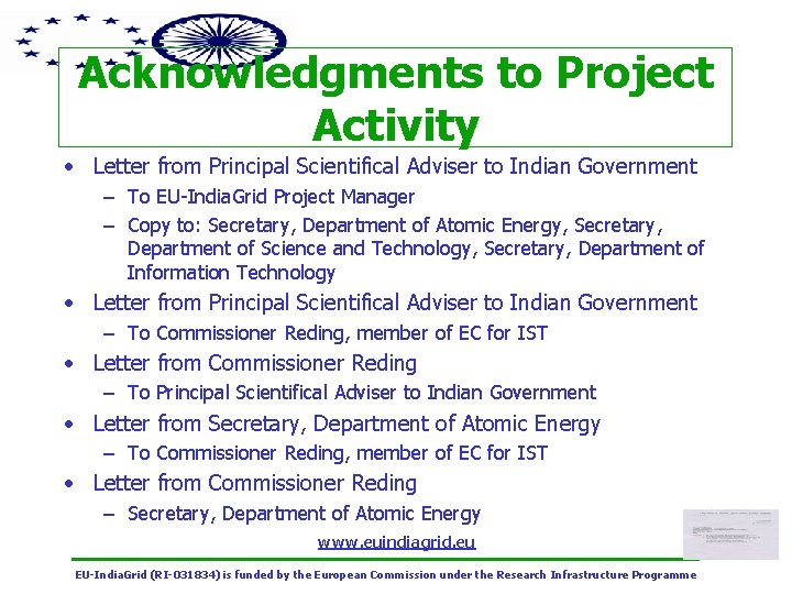 Acknowledgments to Project Activity • Letter from Principal Scientifical Adviser to Indian Government –