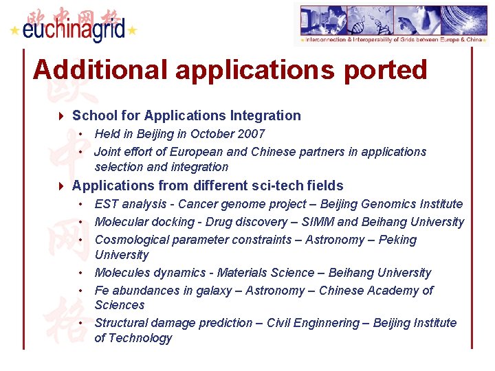 Additional applications ported 4 School for Applications Integration • Held in Beijing in October