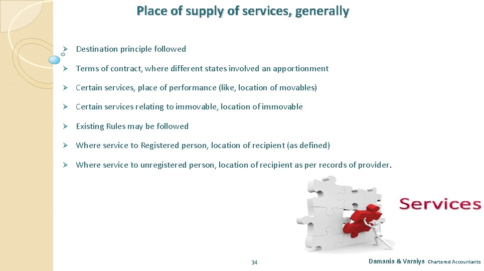 Place of supply of services, generally Ø Destination principle followed Ø Terms of contract,