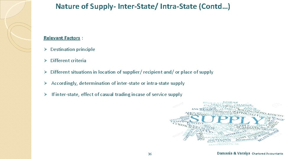 Nature of Supply- Inter-State/ Intra-State (Contd…) Relevant Factors : Ø Destination principle Ø Different