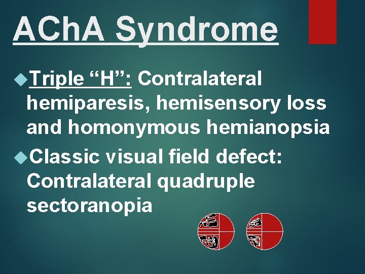 ACh. A Syndrome Triple “H”: Contralateral hemiparesis, hemisensory loss and homonymous hemianopsia Classic visual