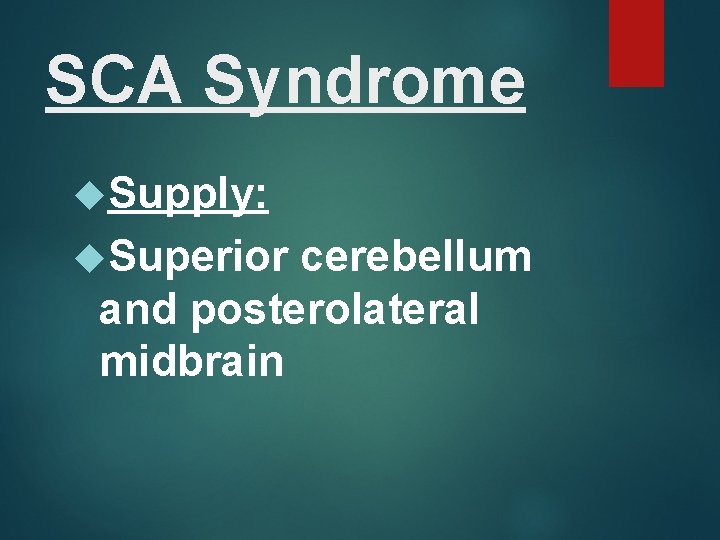 SCA Syndrome Supply: Superior cerebellum and posterolateral midbrain 