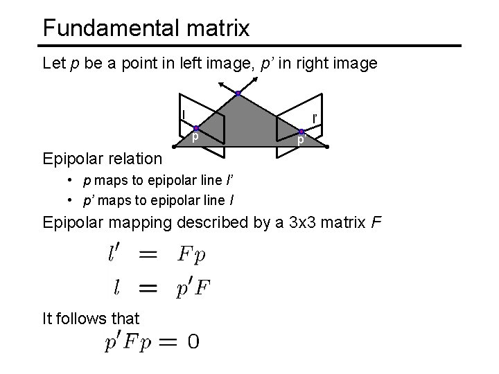 Fundamental matrix Let p be a point in left image, p’ in right image