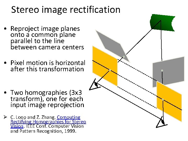 Stereo image rectification • Reproject image planes onto a common plane parallel to the