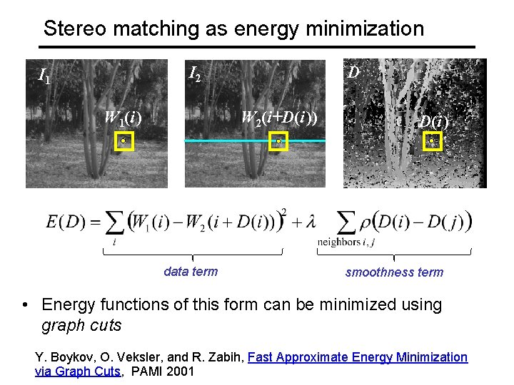 Stereo matching as energy minimization I 2 I 1 W 1(i ) D W