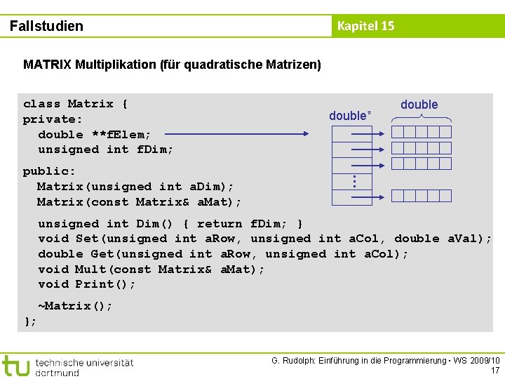 Kapitel 15 Fallstudien MATRIX Multiplikation (für quadratische Matrizen) class Matrix { private: double **f.