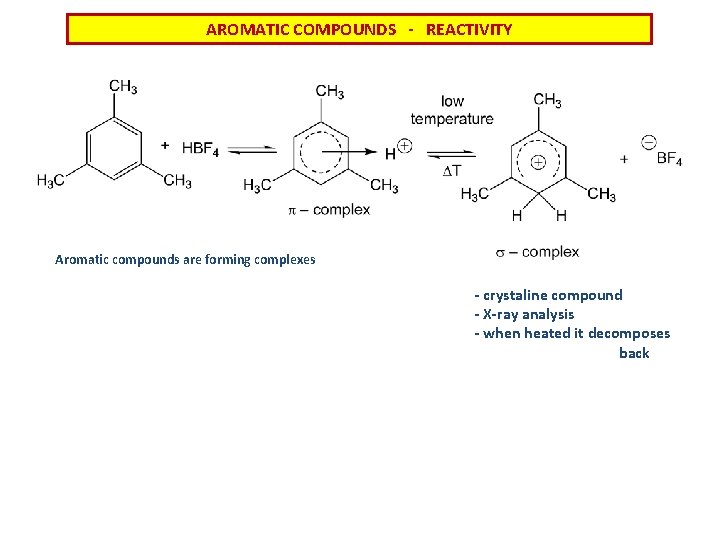 AROMATIC COMPOUNDS - REACTIVITY Aromatic compounds are forming complexes - crystaline compound - X-ray
