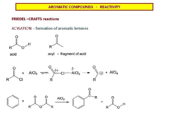 AROMATIC COMPOUNDS - REACTIVITY FRIEDEL –CRAFTS reactions ACYLATION - formation of aromatic ketones 