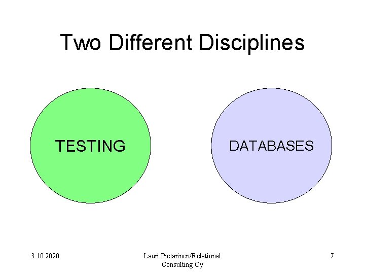 Two Different Disciplines TESTING 3. 10. 2020 DATABASES Lauri Pietarinen/Relational Consulting Oy 7 