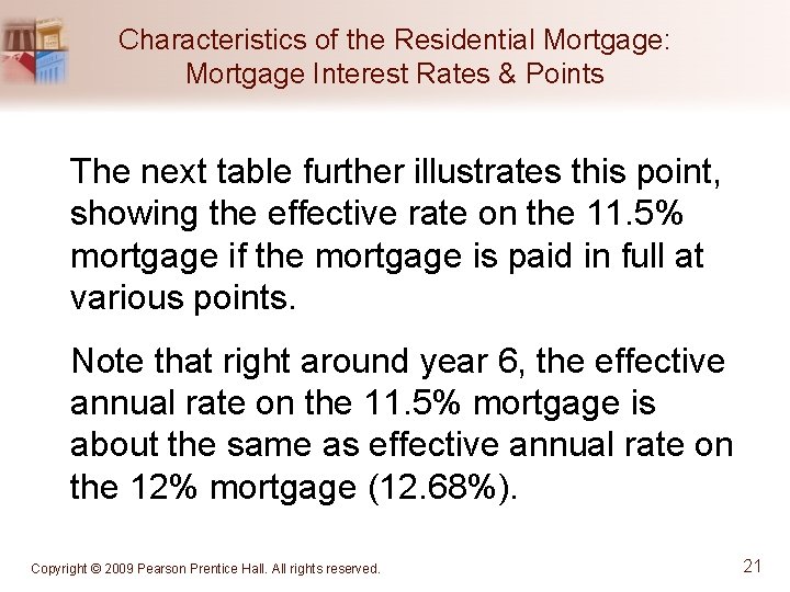 Characteristics of the Residential Mortgage: Mortgage Interest Rates & Points The next table further