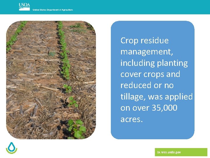 Crop residue management, including planting cover crops and reduced or no tillage, was applied