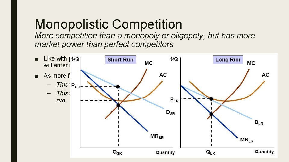 Monopolistic Competition More competition than a monopoly or oligopoly, but has more market power