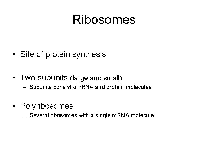 Ribosomes • Site of protein synthesis • Two subunits (large and small) – Subunits