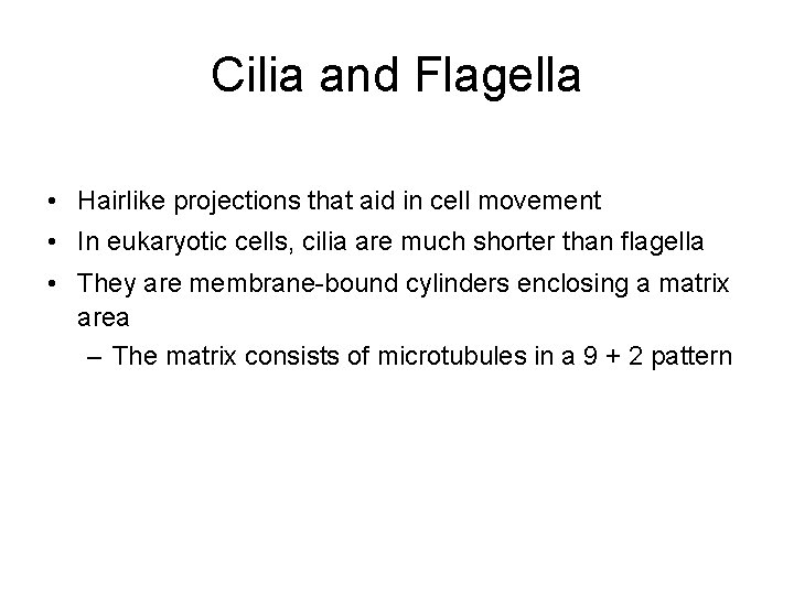 Cilia and Flagella • Hairlike projections that aid in cell movement • In eukaryotic