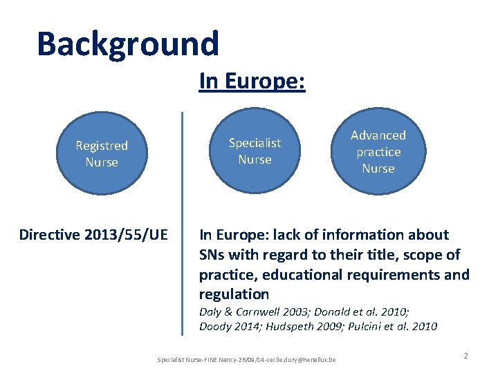 Background In Europe: Specialist Nurse Registred Nurse Directive 2013/55/UE Advanced practice Nurse In Europe: