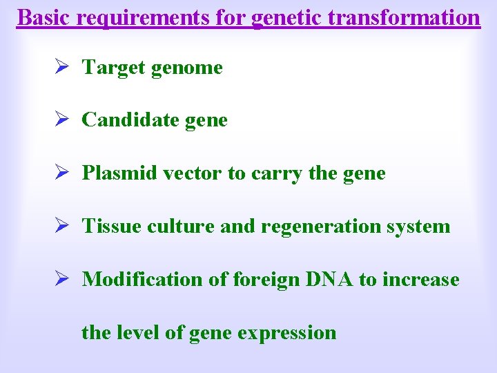 Basic requirements for genetic transformation Ø Target genome Ø Candidate gene Ø Plasmid vector