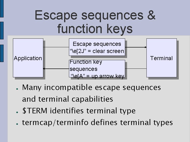 Escape sequences & function keys Escape sequences “e[2 J” = clear screen Application ●