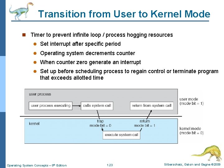 Transition from User to Kernel Mode n Timer to prevent infinite loop / process