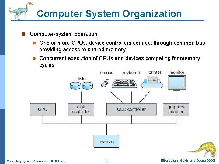 Computer System Organization n Computer-system operation l One or more CPUs, device controllers connect