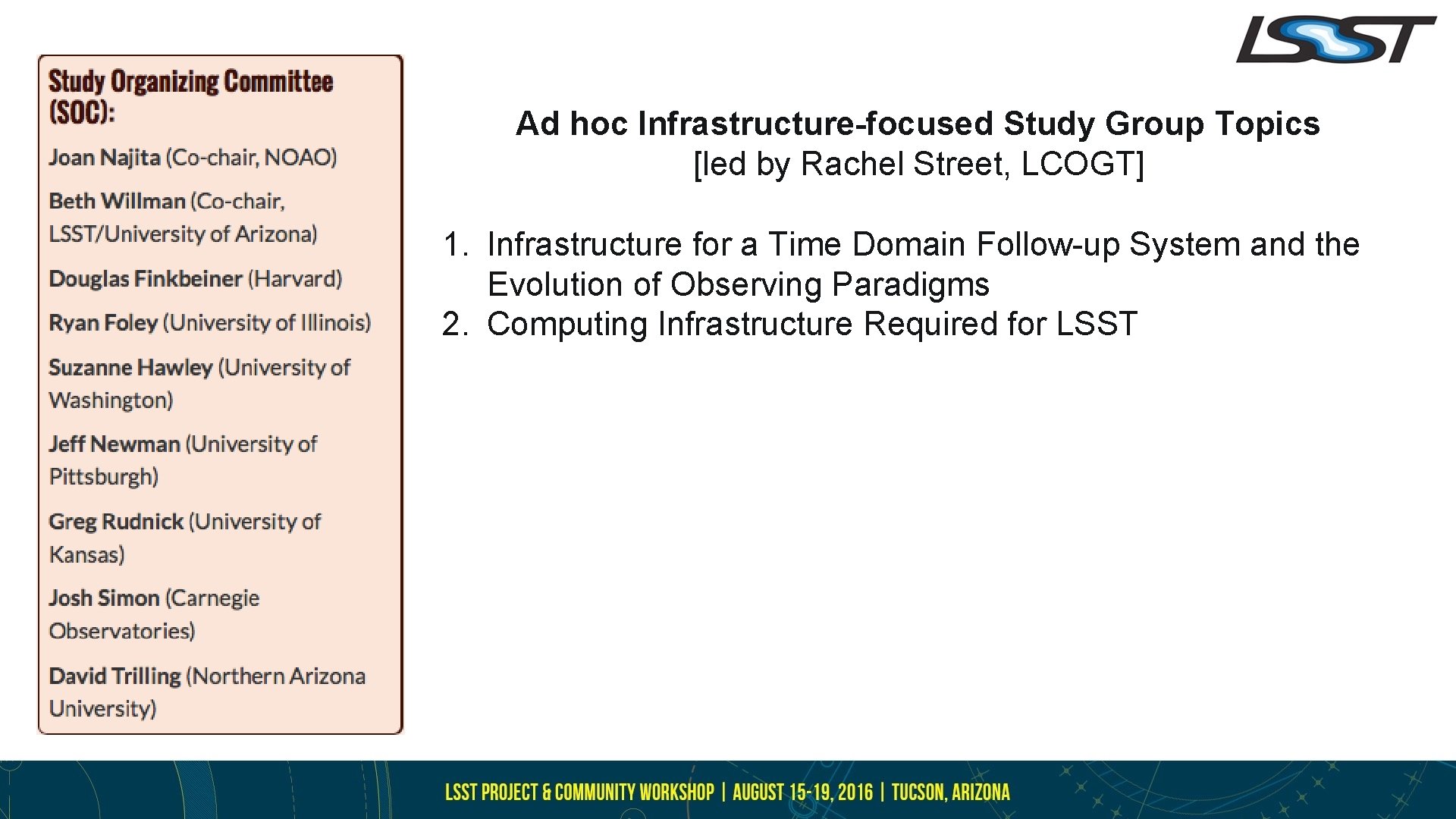 Ad hoc Infrastructure-focused Study Group Topics [led by Rachel Street, LCOGT] 1. Infrastructure for