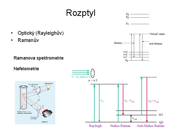 Rozptyl • Optický (Rayleighův) • Ramanův Ramanova spektrometrie Nefelometrie 