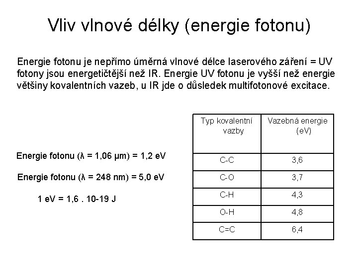 Vliv vlnové délky (energie fotonu) Energie fotonu je nepřímo úměrná vlnové délce laserového záření