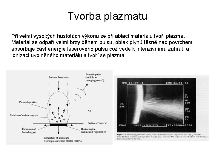Tvorba plazmatu Při velmi vysokých hustotách výkonu se při ablaci materiálu tvoří plazma. Materiál Tvorba plazmatu Při velmi vysokých hustotách výkonu se při ablaci materiálu tvoří plazma. Materiál