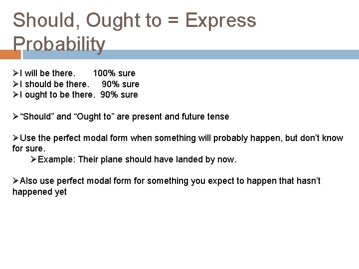 Should, Ought to = Express Probability ØI will be there. 100% sure ØI should