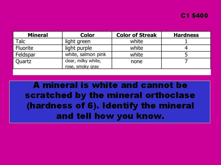 C 1 $400 A mineral is white and cannot be scratched by the mineral