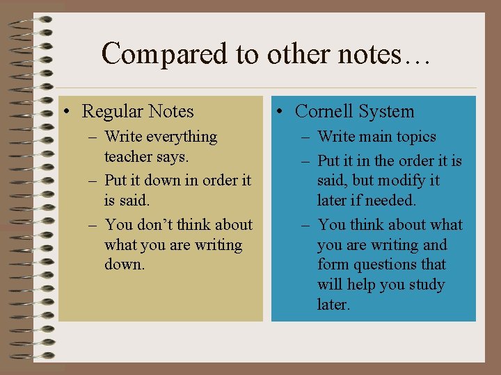 Compared to other notes… • Regular Notes – Write everything teacher says. – Put