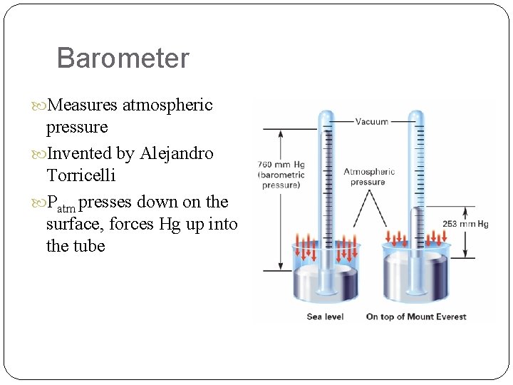 Barometer Measures atmospheric pressure Invented by Alejandro Torricelli Patm presses down on the surface,