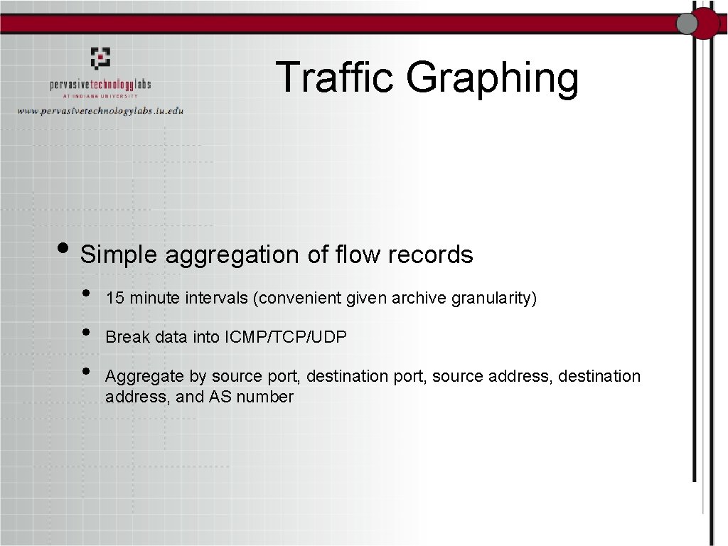 Traffic Graphing • Simple aggregation of flow records • • • 15 minute intervals