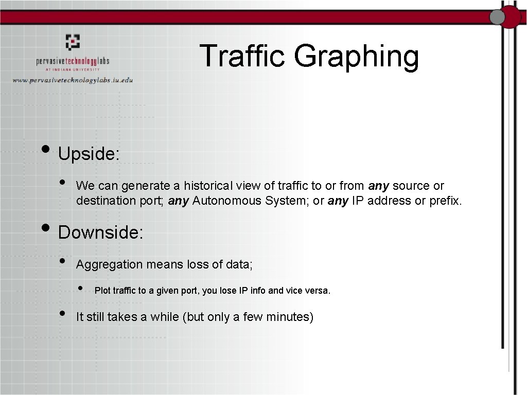 Traffic Graphing • Upside: • We can generate a historical view of traffic to