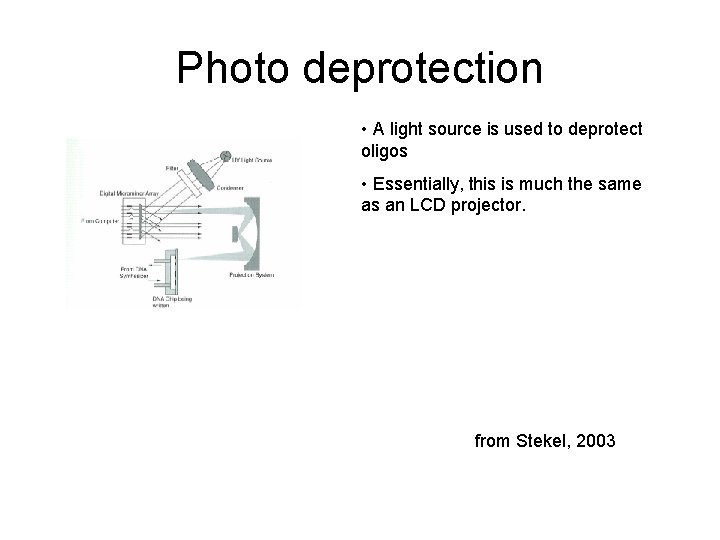 Photo deprotection • A light source is used to deprotect oligos • Essentially, this