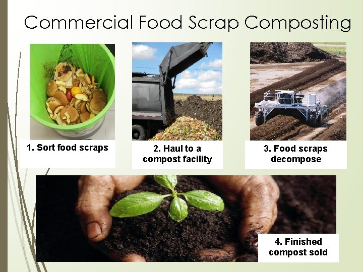 Commercial Food Scrap Composting 1. Sort food scraps 2. Haul to a compost facility