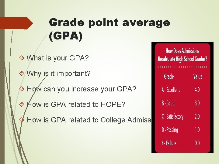 Grade point average (GPA) What is your GPA? Why is it important? How can