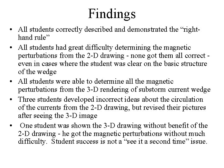 Findings • All students correctly described and demonstrated the “righthand rule” • All students Findings • All students correctly described and demonstrated the “righthand rule” • All students