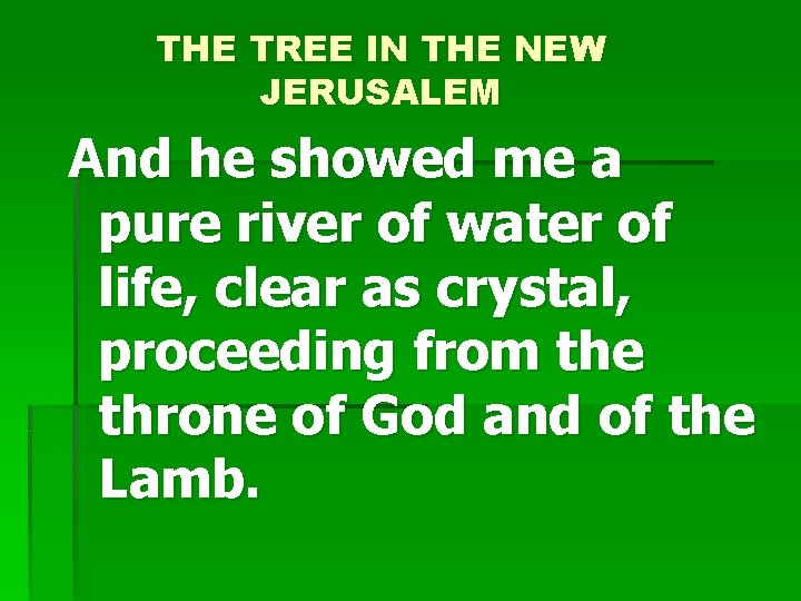 THE TREE IN THE NEW JERUSALEM And he showed me a pure river of