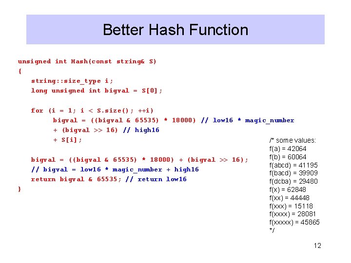 Better Hash Function unsigned int Hash(const string& S) { string: : size_type i; long