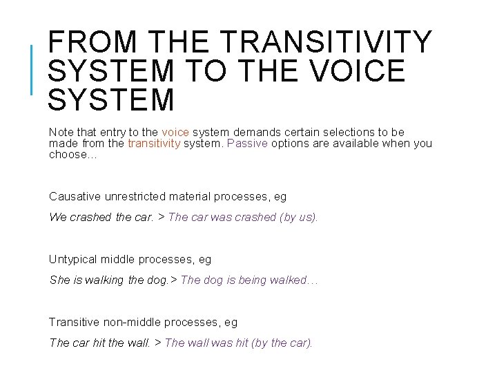 FROM THE TRANSITIVITY SYSTEM TO THE VOICE SYSTEM Note that entry to the voice