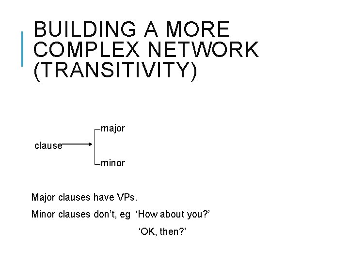 BUILDING A MORE COMPLEX NETWORK (TRANSITIVITY) major clause minor Major clauses have VPs. Minor