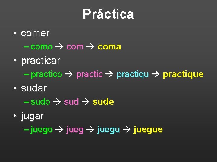 Práctica • comer – como coma • practicar – practico practic practique • sudar