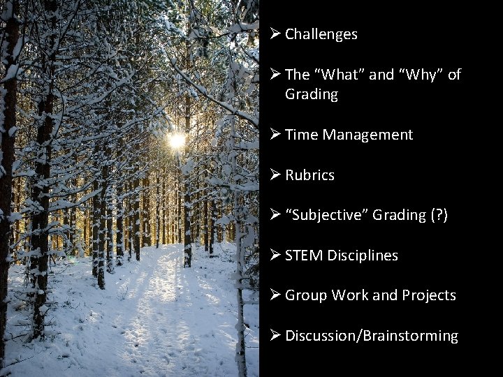 Ø Challenges Ø The “What” and “Why” of Grading Ø Time Management Ø Rubrics