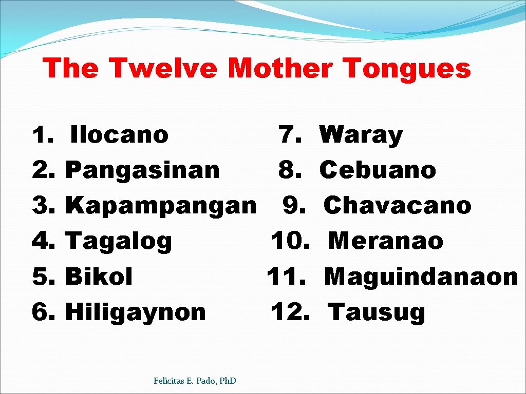 The Twelve Mother Tongues 1. Ilocano 7. 2. Pangasinan 8. 3. Kapampangan 9. 4.