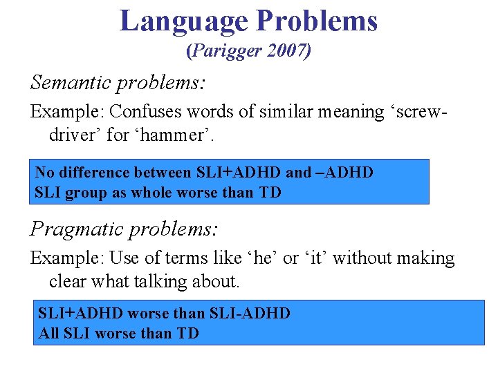 Language Problems (Parigger 2007) Semantic problems: Example: Confuses words of similar meaning ‘screwdriver’ for